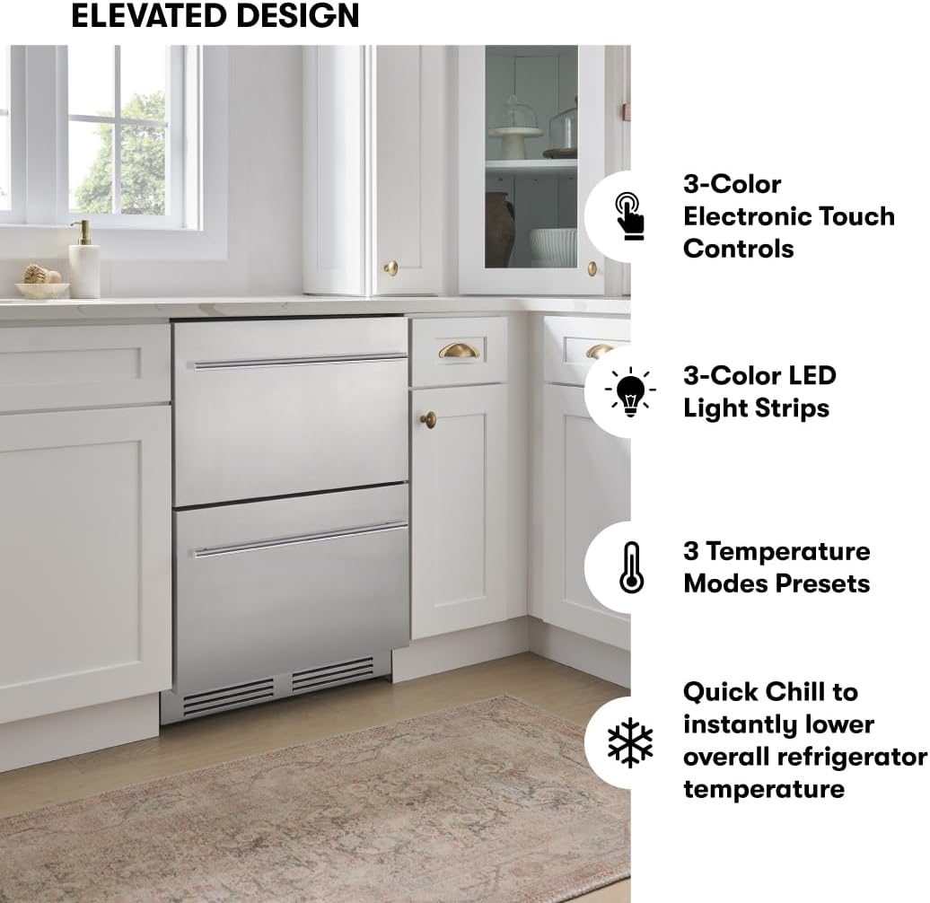 Zephyr Presrv 24 Inch Single Zone Refrigerator Drawers Wine & Beverage Fridge, Stainless Steel Wine Cooler Home Bar Under Counter Freestanding Built In, Energy Star Certified, 5.4 Cu. Ft
