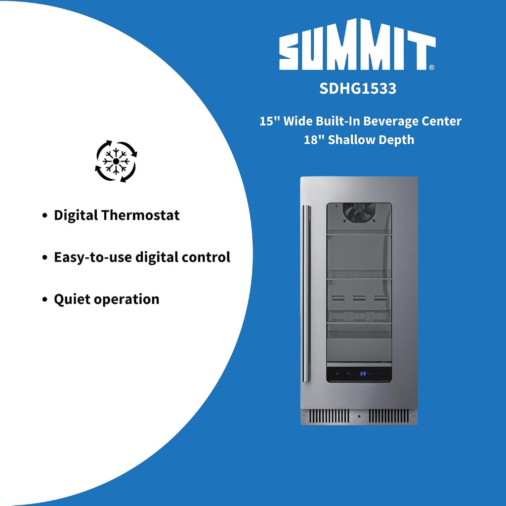 Summit 15' Built-In Beverage Center, Shallow 18' Depth Refrigerator, Commercially Approved, Stainless Steel - SDHG1533