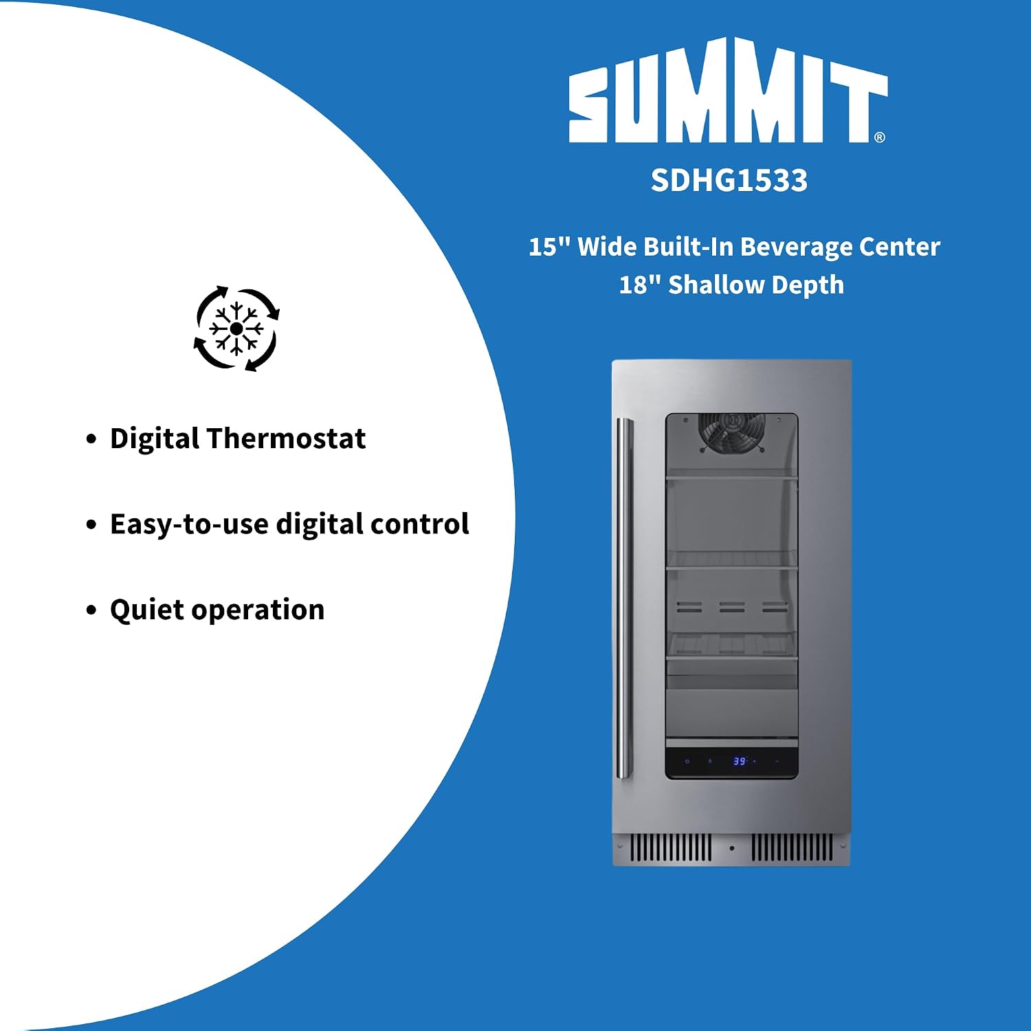 Summit 15' Built-In Beverage Center, Shallow 18' Depth Refrigerator, Commercially Approved, Stainless Steel - SDHG1533
