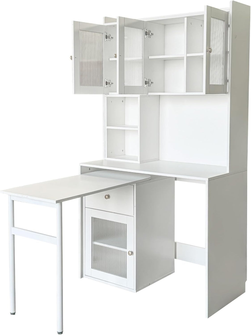 KEIKI L Shaped Home Office Desks with 90° Rotating Retractable Desktop, Glass Door, Hutch, Drawers, Bookshelf & Storage Shelves, Modern Gaming Computer Corner Table for Work, Study, Writing, White