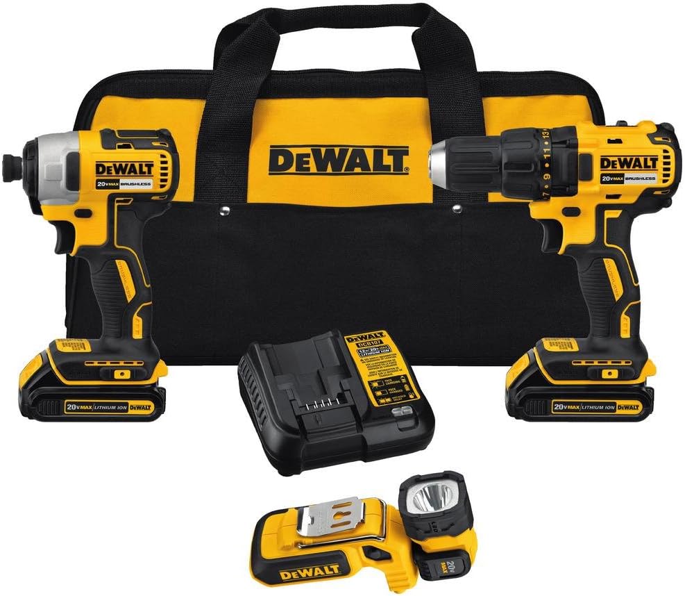 Dewalt 20-Volt Max Lithium-Ion Cordless Brushless Drill/Driver and Light Combo Kit (3-Tool) with (2) Batteries, Charger and Bag