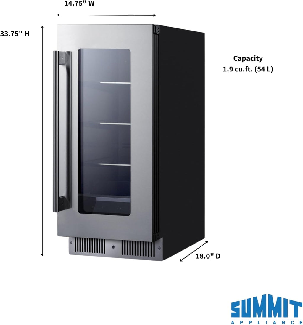 Summit 15' Built-In Beverage Center, Shallow 18' Depth Refrigerator, Commercially Approved, Stainless Steel - SDHG1533