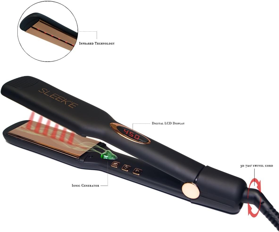 Sleek'e Hair Infrared 2' Wide Flat Iron Professional Ceramic Tourmaline-Infused Titanium Straightener (2inch, Black and Rose Gold)