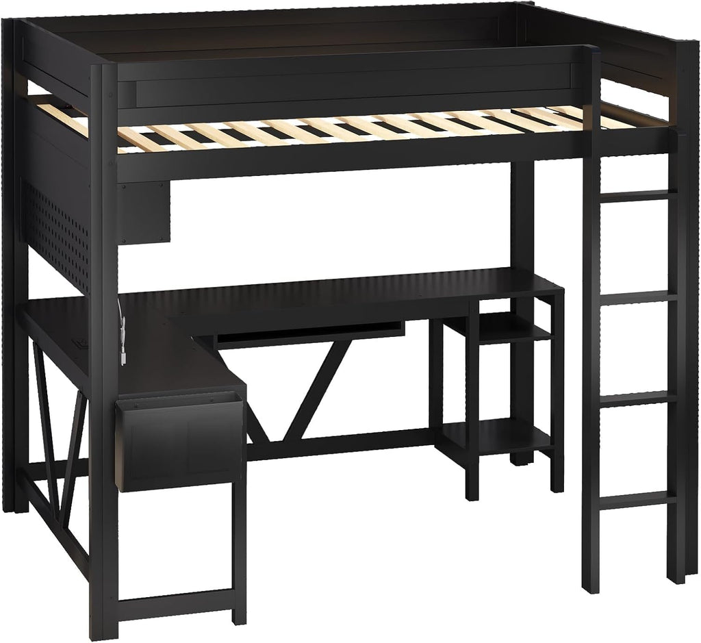 Virubi Full Gaming Loft Bed with Desk and Storage Shelves, LED RGB and Charging Station, Wood High Loft Bed with Storage Case, Ladders,and Guardrails for Adults Teens (Black)
