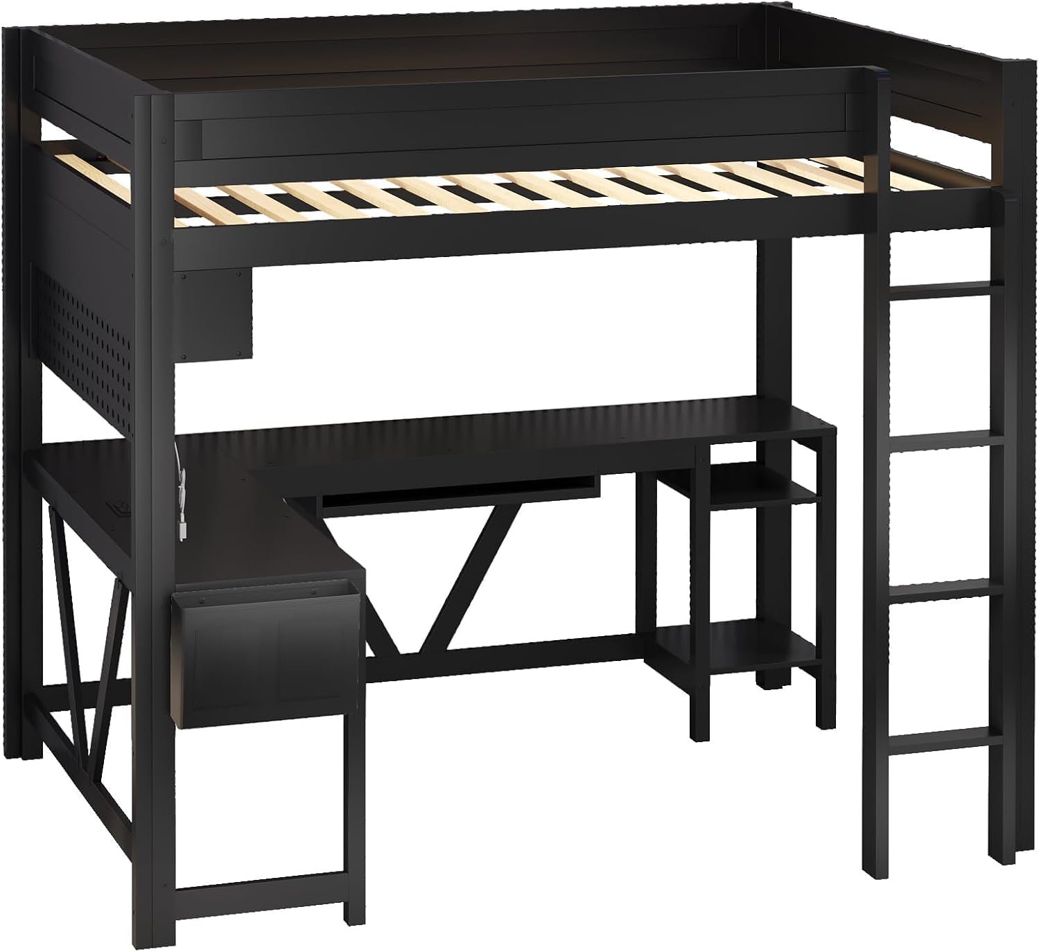 Virubi Full Gaming Loft Bed with Desk and Storage Shelves, LED RGB and Charging Station, Wood High Loft Bed with Storage Case, Ladders,and Guardrails for Adults Teens (Black)