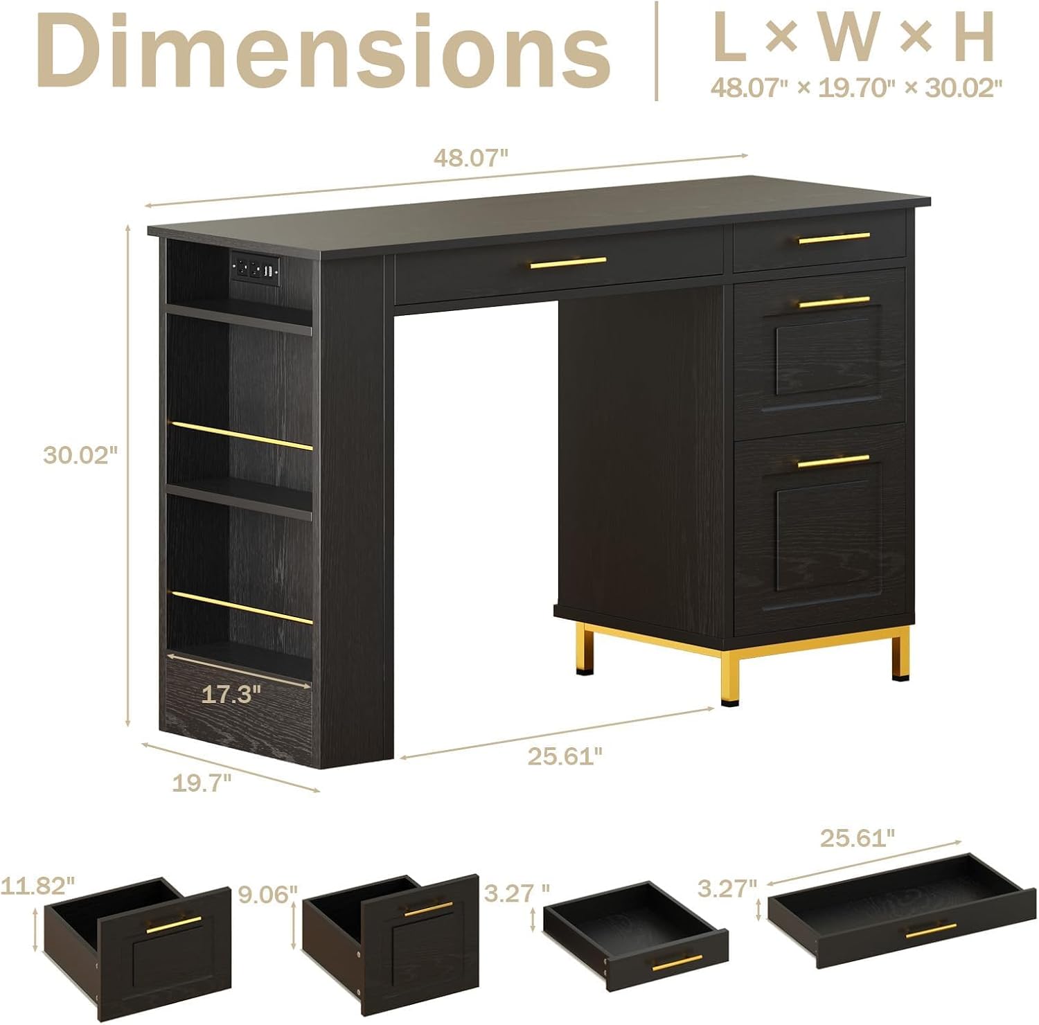 4 EVER WINNER Black Desk with Drawers and Power Outlet, 48 Inch Computer Desk with Storage Shelves, Writing Desk Study Table with Golden Handle for Small Space, Black