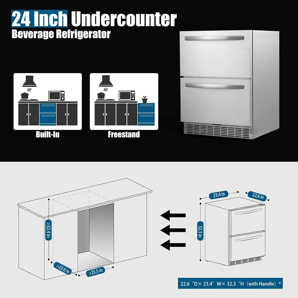 HCK 24 Inch Under Counter Double Drawer Fridge, Stainless Steel Outdoor Beverage Refrigerator for Patio, Built-in Beverage Fridge for Home & Commercial Use