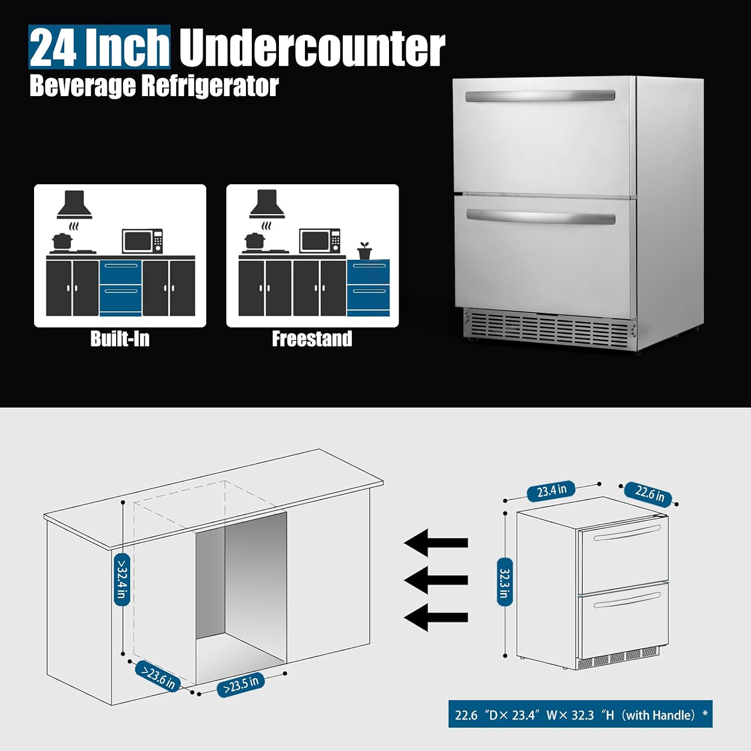 HCK 24 Inch Under Counter Double Drawer Fridge, Stainless Steel Outdoor Beverage Refrigerator for Patio, Built-in Beverage Fridge for Home & Commercial Use