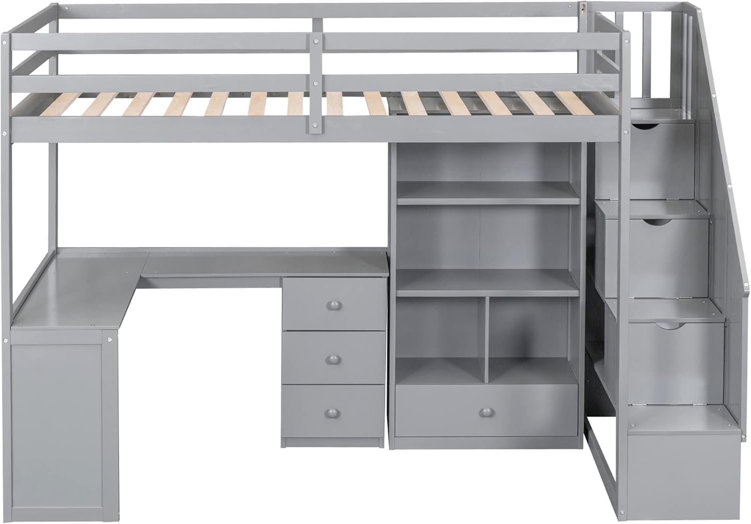 MERITLINE Twin Size Loft Bed with L-Shaped Desk,Storage Staircase,and Guardrails,Wood High Loft Bed with Storage Bookcase and 4 Drawers,for Adults, No Box Spring Needed (Grey)