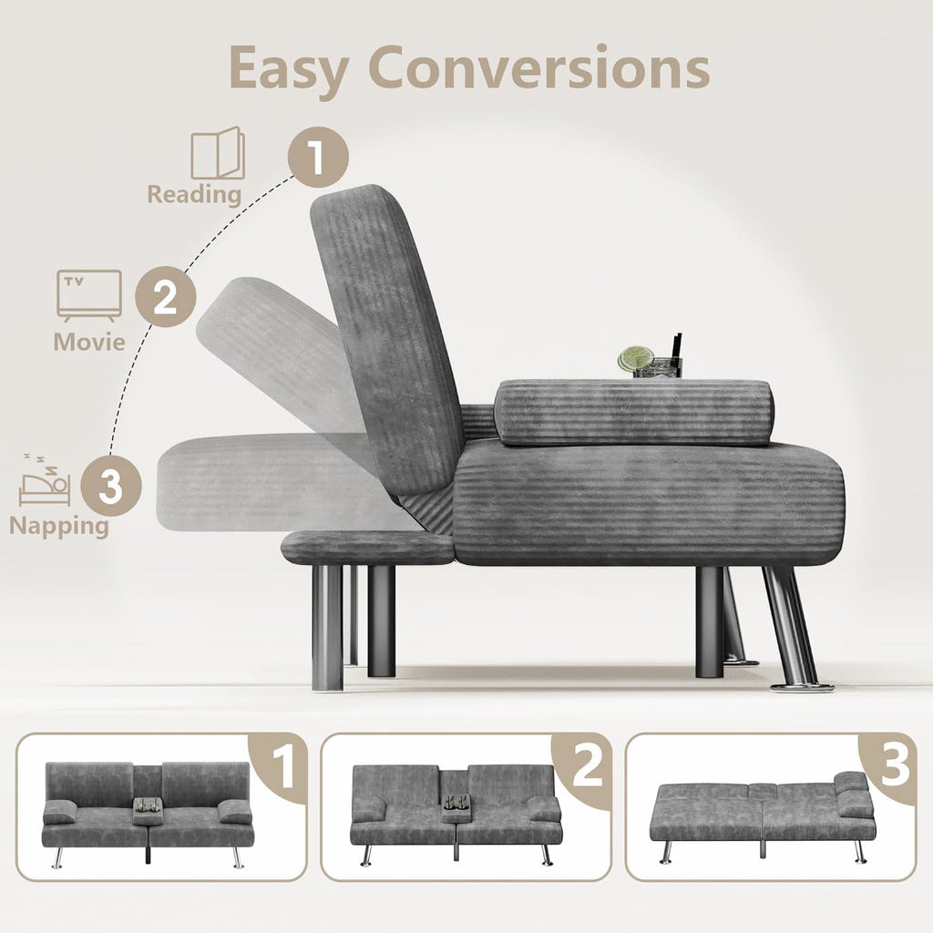 Flamaker Futon Sofa Bed Modern Folding Futon Set Convertible Recliner Lounge for Living Room with 2 Cup Holders, Removable Armrests (Corduroy, Marble Grey)