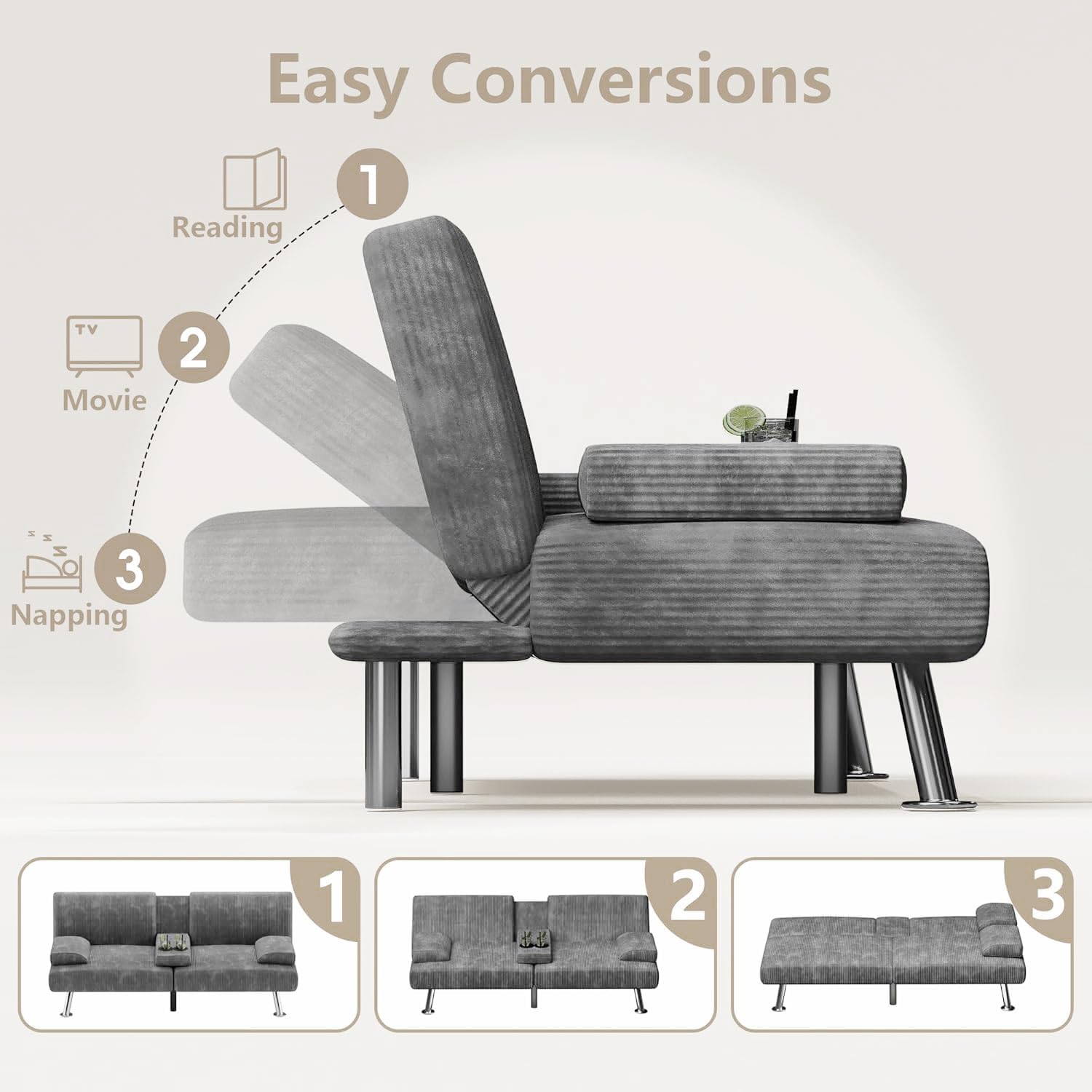 Flamaker Futon Sofa Bed Modern Folding Futon Set Convertible Recliner Lounge for Living Room with 2 Cup Holders, Removable Armrests (Corduroy, Marble Grey)