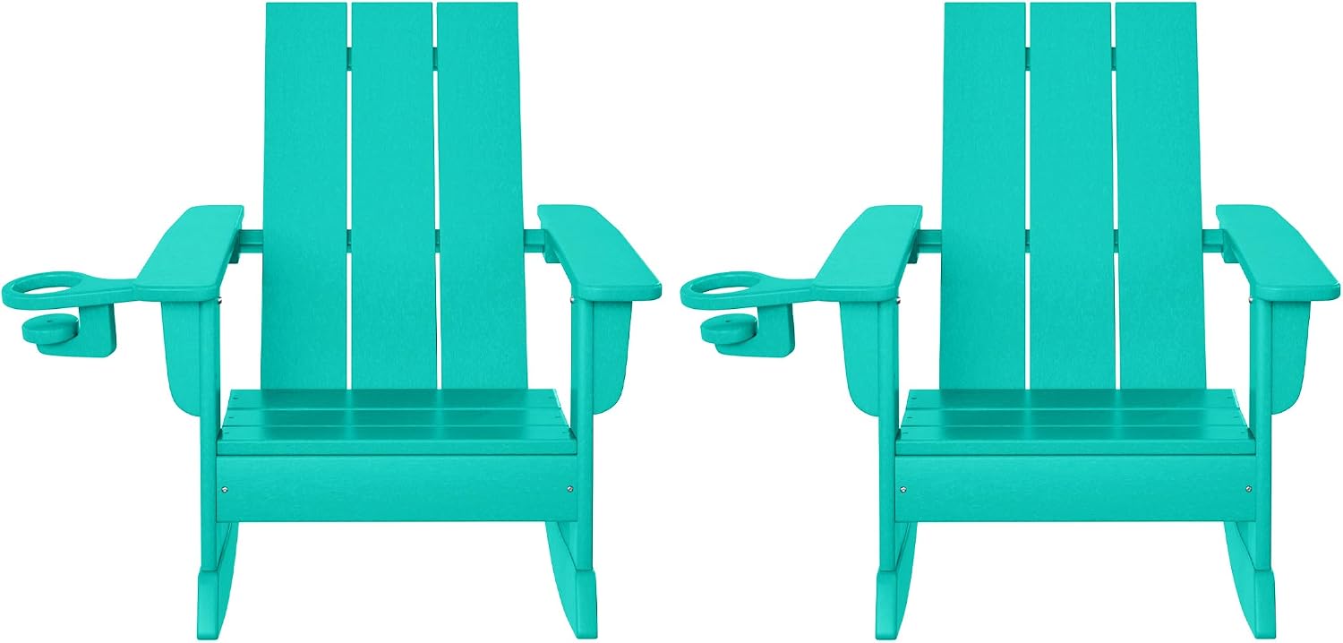 WestinTrends Ashore Outdoor HDPE Plastic Preschool Toddler Modern Adirondack Rocking Chairs (Set of 2), Turquoise