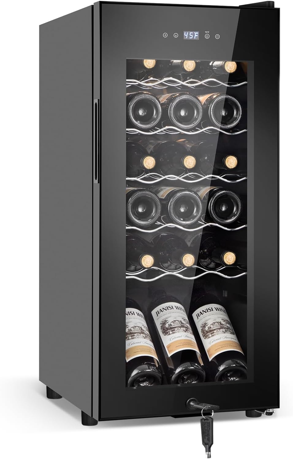 Tylza 18 Bottles Wine Fridge, Wine Cellar with Powerful Compressor, LED Touchscreen, Low-E Tempered Glass Door, Lock, Wine Cooler Refrigerator for Red, White, Champagne or Sparkling Wine, Black