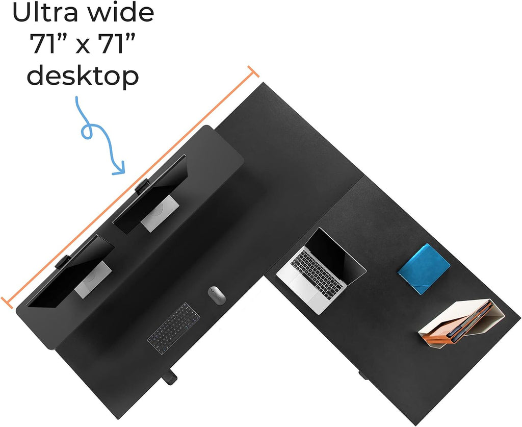 Stand Steady Tranzendesk Power | Extra Large 71 Inch Electric L-Shaped Standing Desk | Giant Corner Stand Up Desk & Sit Stand Workstation| Ergonomic Computer Desk Fits 4 Monitors (Black/71in)