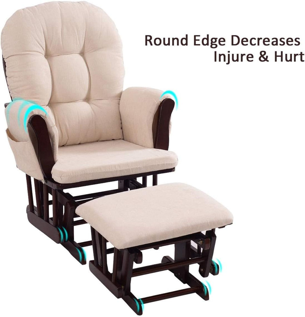 Rocking Chair Wood Heavy Duty Rocking Chair with Ottoman Cushion Set Baby Nursery Rocking Chair Glider with Adjustable Backrest for Living Room (Beige)