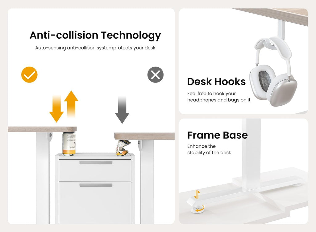 BANTI 55 × 28 Inches Standing Desk, Ergonomic, Electric Height Adjustable, Sit and Stand Up, Computer Office Desk with Splice Board, White Frame/Maple Top