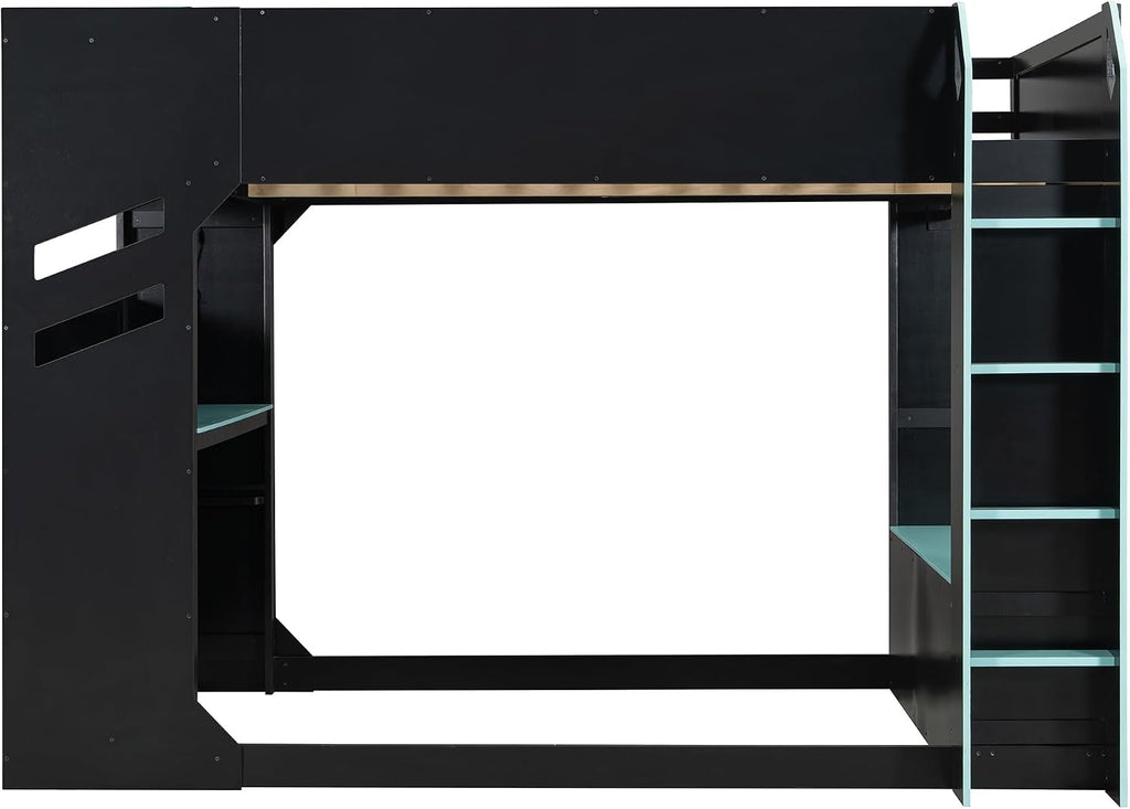 Merax Wood Loft Bed with Height-Adjustable Desk,Drawers,Storage Compartments,Hanging Rod and RGB Lights, Full Size, Blue