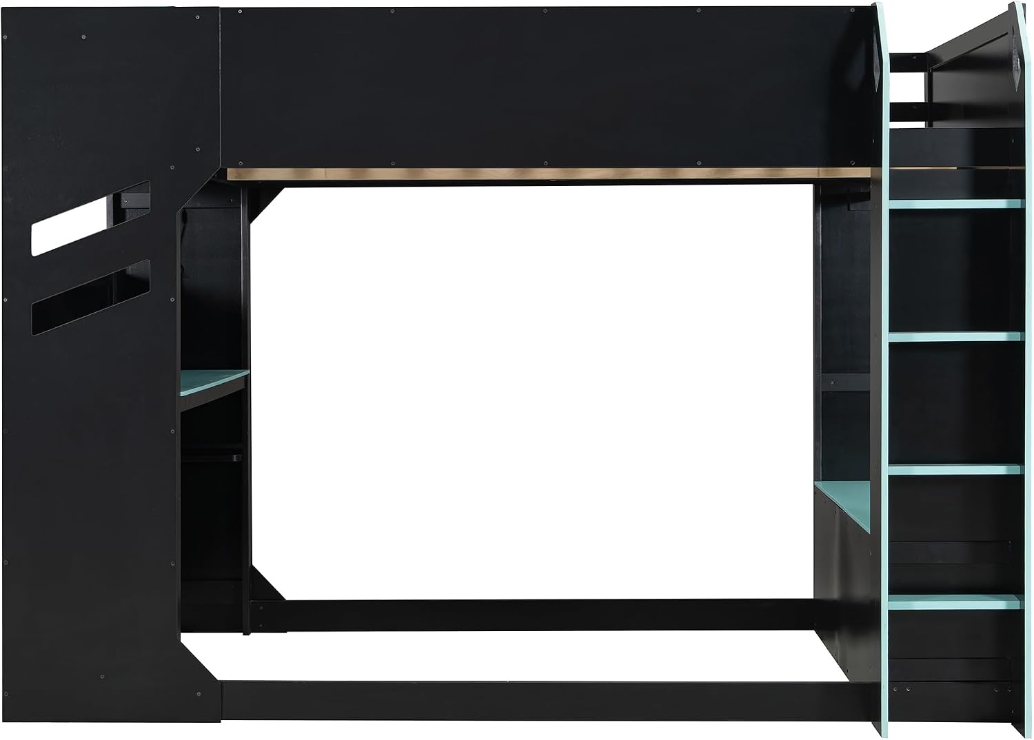 Merax Wood Loft Bed with Height-Adjustable Desk,Drawers,Storage Compartments,Hanging Rod and RGB Lights, Full Size, Blue