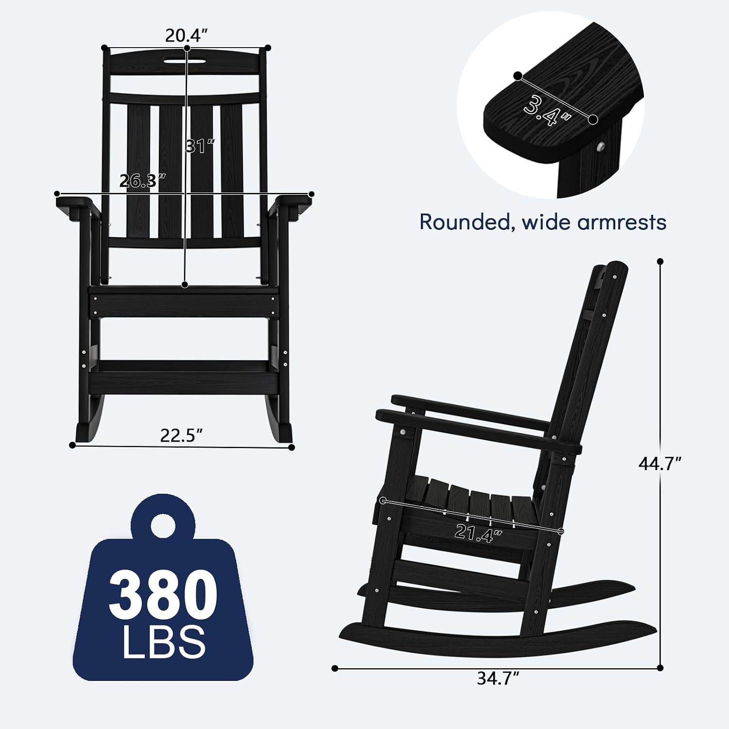 Plawdlik Oversized Rocking Chair,HDPE All-Weather Outdoor Rocking Chair,Patio Rocking Chairs for Porch.Black