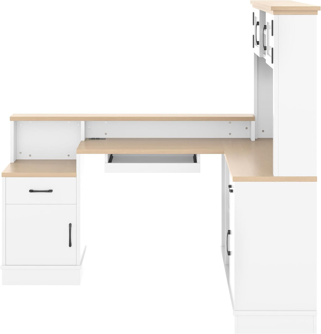 Bellemave L-Shaped Computer Desk with Power Outlet & Storage - Modern Corner Gaming Desk with Bookshelf and Drawers, Study Writing Workstation for Home Office