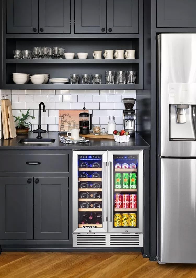 BODEGA 24 Inch Wine and Beverage Refrigerator, 2 Door Commercial Back Bar Cooler, Dual Zone Wine Cooler with Smart APP Control, Black Bar Fridge Hold 19 Bottles and 57 Cans, Built-In or Freestanding.