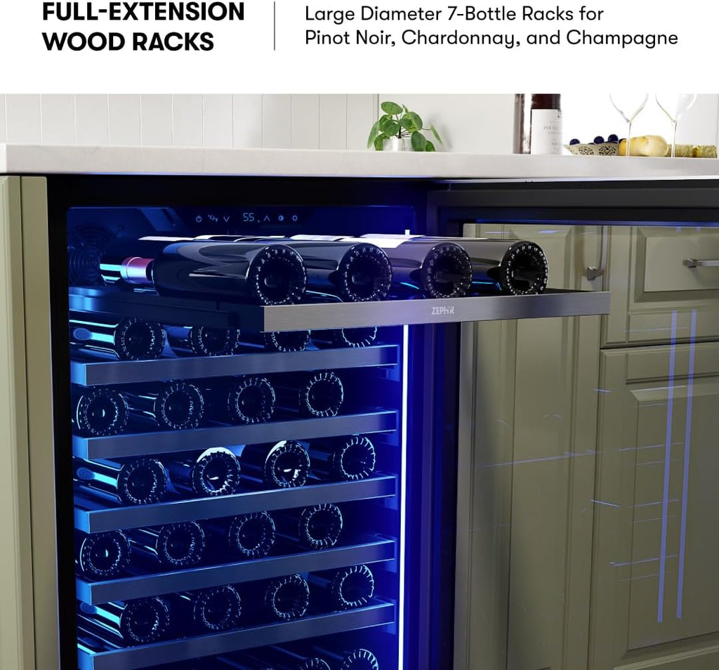 Zephyr Presrv 24' Wine Fridge Single Zone Under Counter - Countertop Wine Cooler Cellars Cabinet Wine Beverage Refrigerator Home Bar Chiller Freestanding with Glass Door, 53 Bottles 750ml