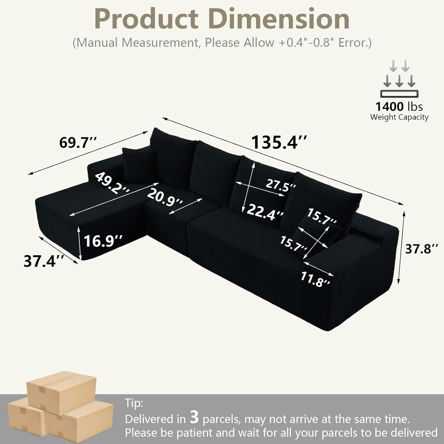 135' Modular Sectional Couches for Living Room, Comfy Boneless L Shaped Cloud Couch with Chaise Lounge, Modern Cozy Corduroy Deep Seat Floor Sofa, Memory Foam, No Assembly Required, Black