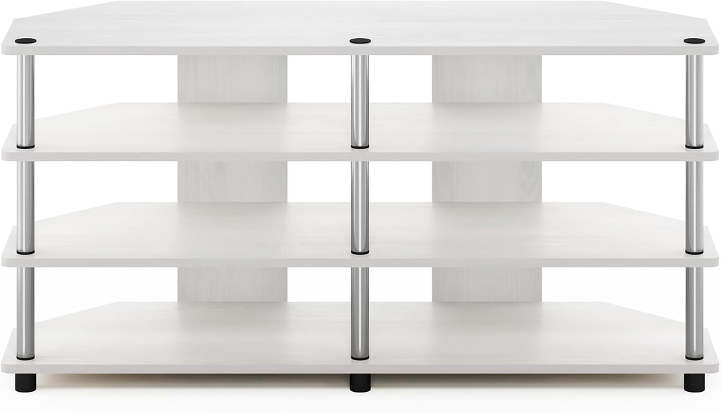 Furinno ECON TV Stand, 4-Tier Wide Corner Entertainment Center, TV Console for TV up to 55 Inch, Easy Assembly, for Living Room, Bedroom, White Oak/Stainless Steel Tubes