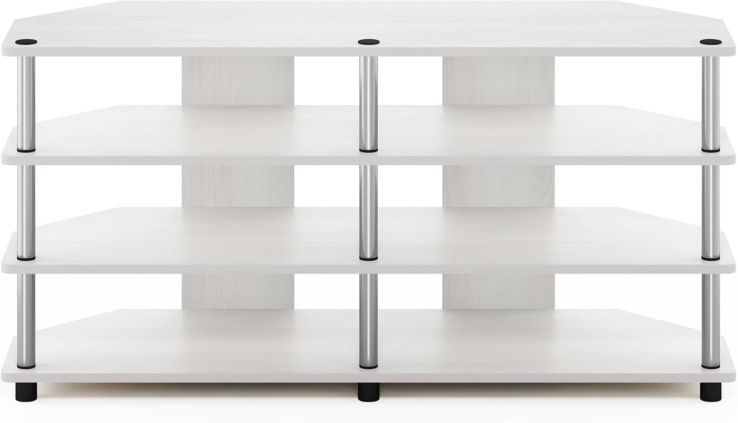 Furinno ECON TV Stand, 4-Tier Wide Corner Entertainment Center, TV Console for TV up to 55 Inch, Easy Assembly, for Living Room, Bedroom, White Oak/Stainless Steel Tubes