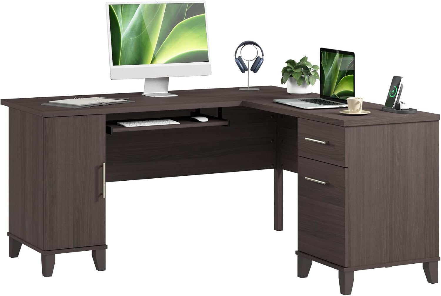 Bush Furniture 60-inch L Shaped Desk with Storage, Spacious Corner Computer Table for Home Office, Somerset Collection, Storm Gray