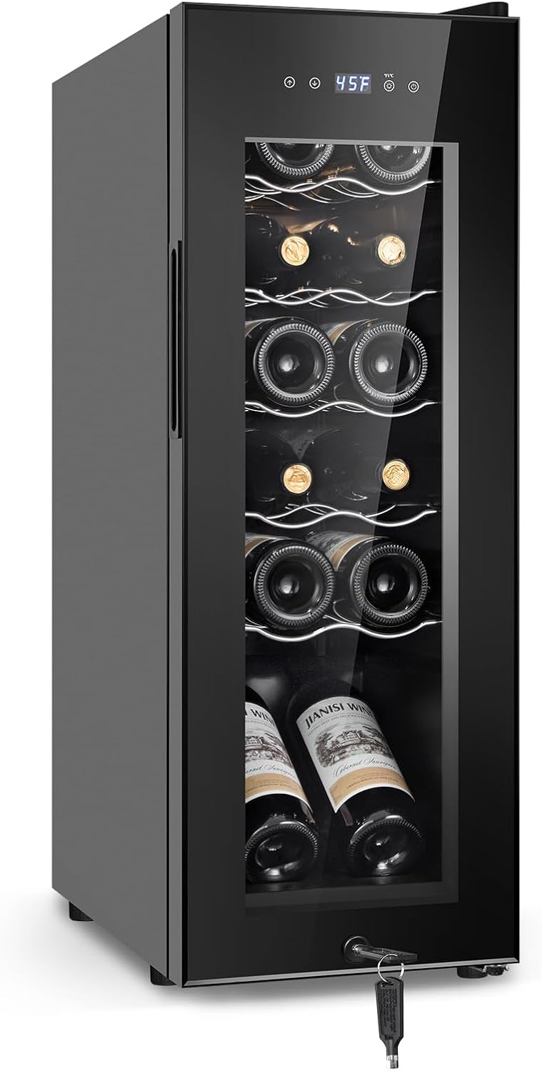 Tylza 12 Bottles Wine Fridge, Wine Cellar with Powerful Compressor, LED Touchscreen, Low-E Tempered Glass Door, Lock, Wine Cooler Refrigerator for Red, White, Champagne or Sparkling Wine, Black