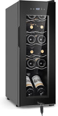 Tylza 12 Bottles Wine Fridge, Wine Cellar with Powerful Compressor, LED Touchscreen, Low-E Tempered Glass Door, Lock, Wine Cooler Refrigerator for Red, White, Champagne or Sparkling Wine, Black