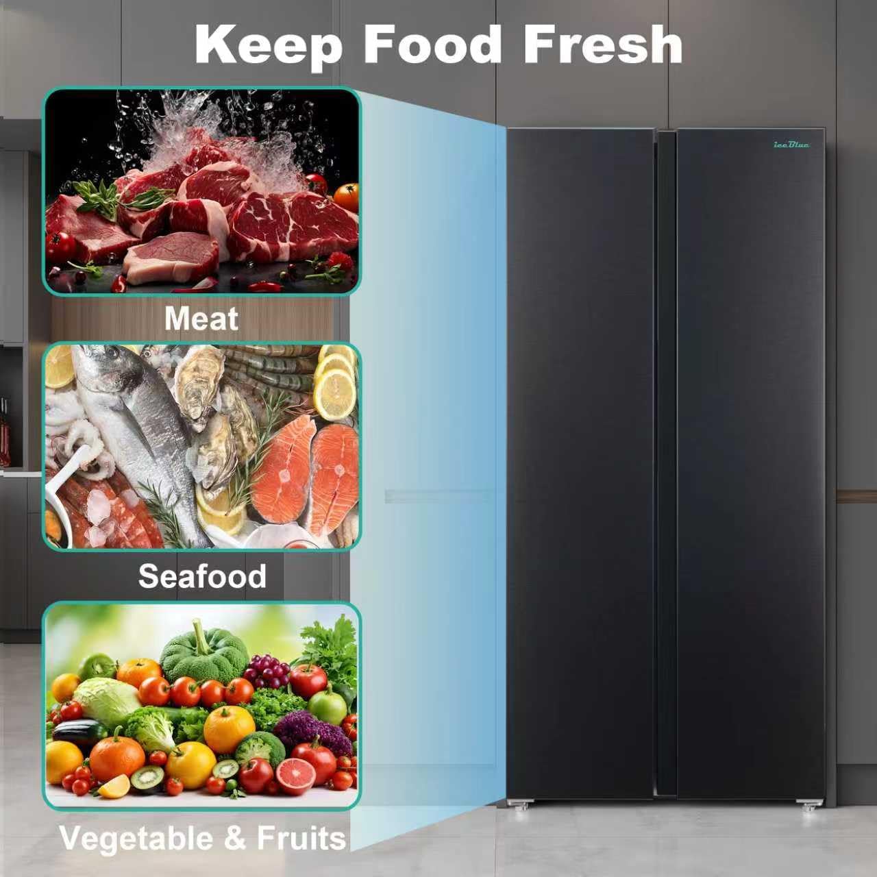 Iceblue 15.6 Cu.Ft. Side-by-side Refrigerators, 33' Full Size Refrigerator, Zoning Temperature Control Beverage Refrigerator with Freezer, Frost Free Beverage Fridge - Black Stainless Steel