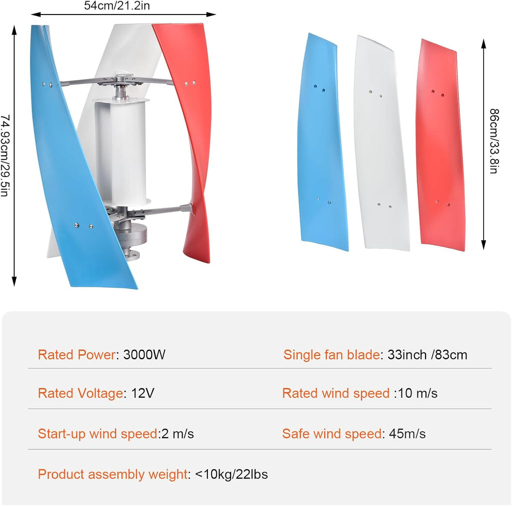 3000W Wind Turbine Generator Kit,12V Portable Vertical Helix Wind Power Turbine Generator Kit 3 Blade Winds With Controllers For Marine RV Home Industrial Energy