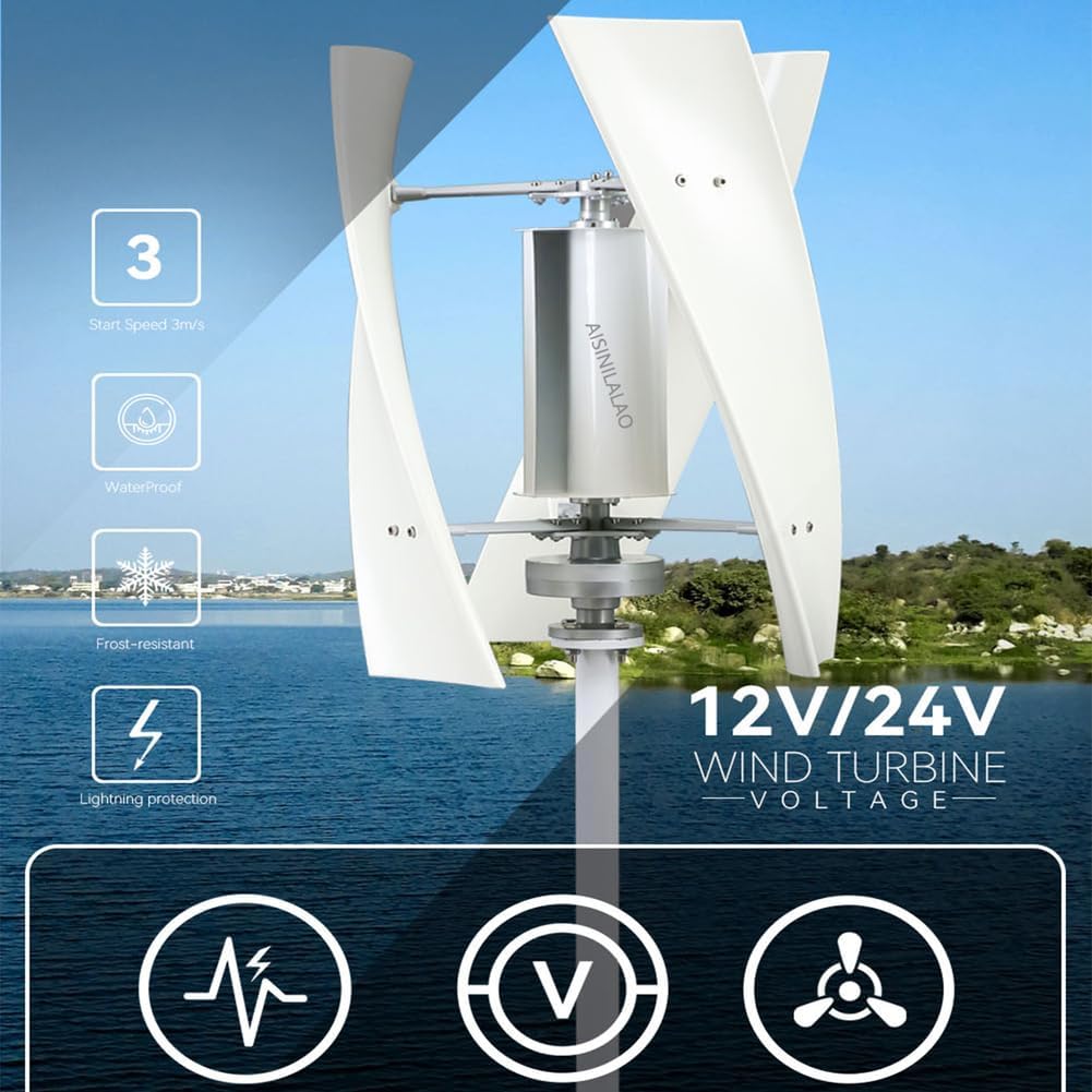 New Energy Outdoor Vertical Wind Turbine Generator Kit, 3000W 12V 24V 48V Low Noise Energy Generator with Controller Low Wind Speed Start Rooftop Wind Turbine