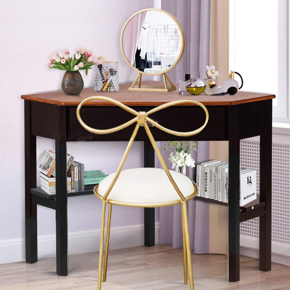 Tangkula Corner Desk, Corner Computer Desk with Drawer for Small Space, Small Corner Makeup Vanity Desk, 90 Degrees Triangle Corner Desk with Storage Shelves (Coffee & Black)
