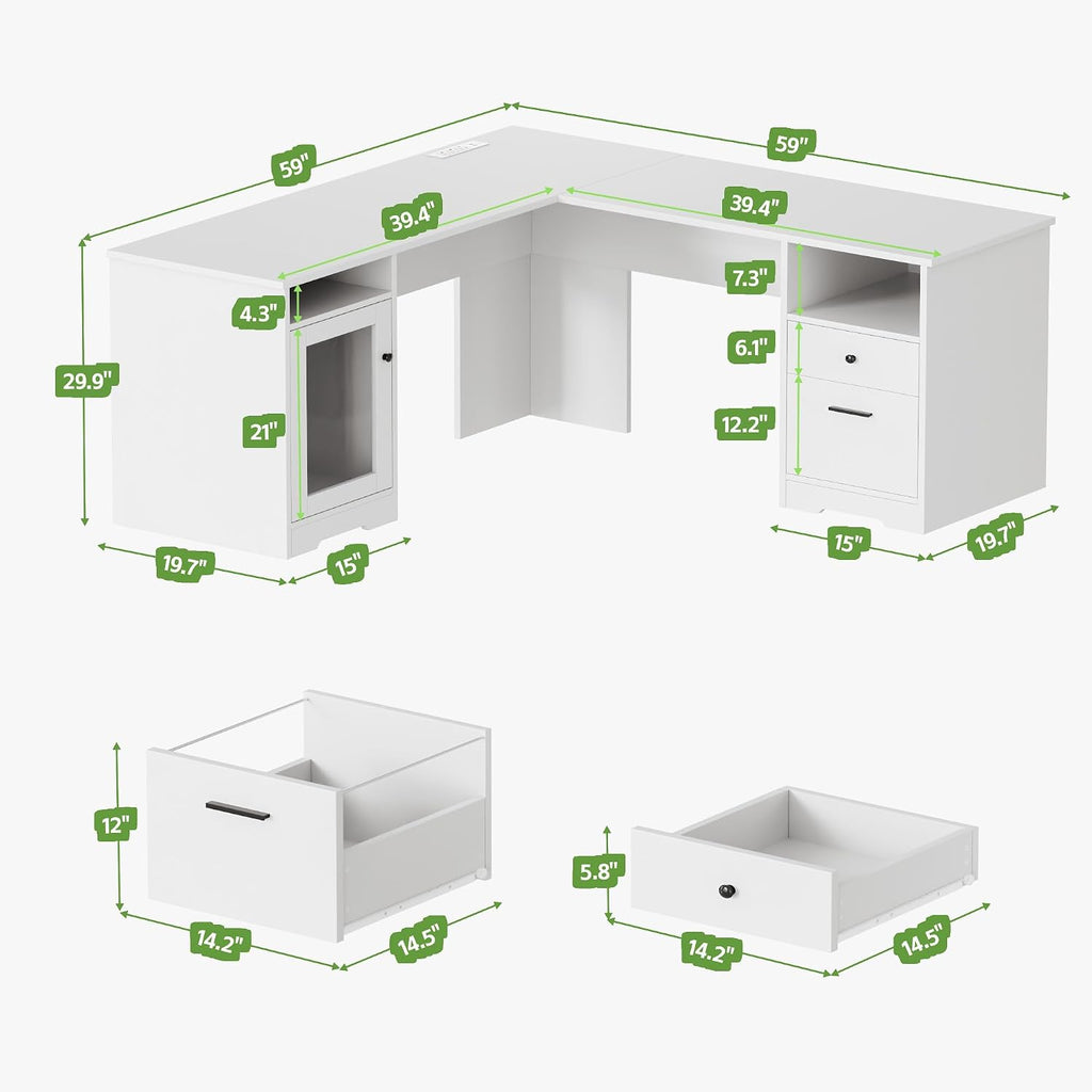 MU L Shaped Desk with File Drawer, 60 Inch Corner Desk with Storage Drawers & Cabinet, Large Home Office Table with Power Outlets, Wood Executive Office Desk, White