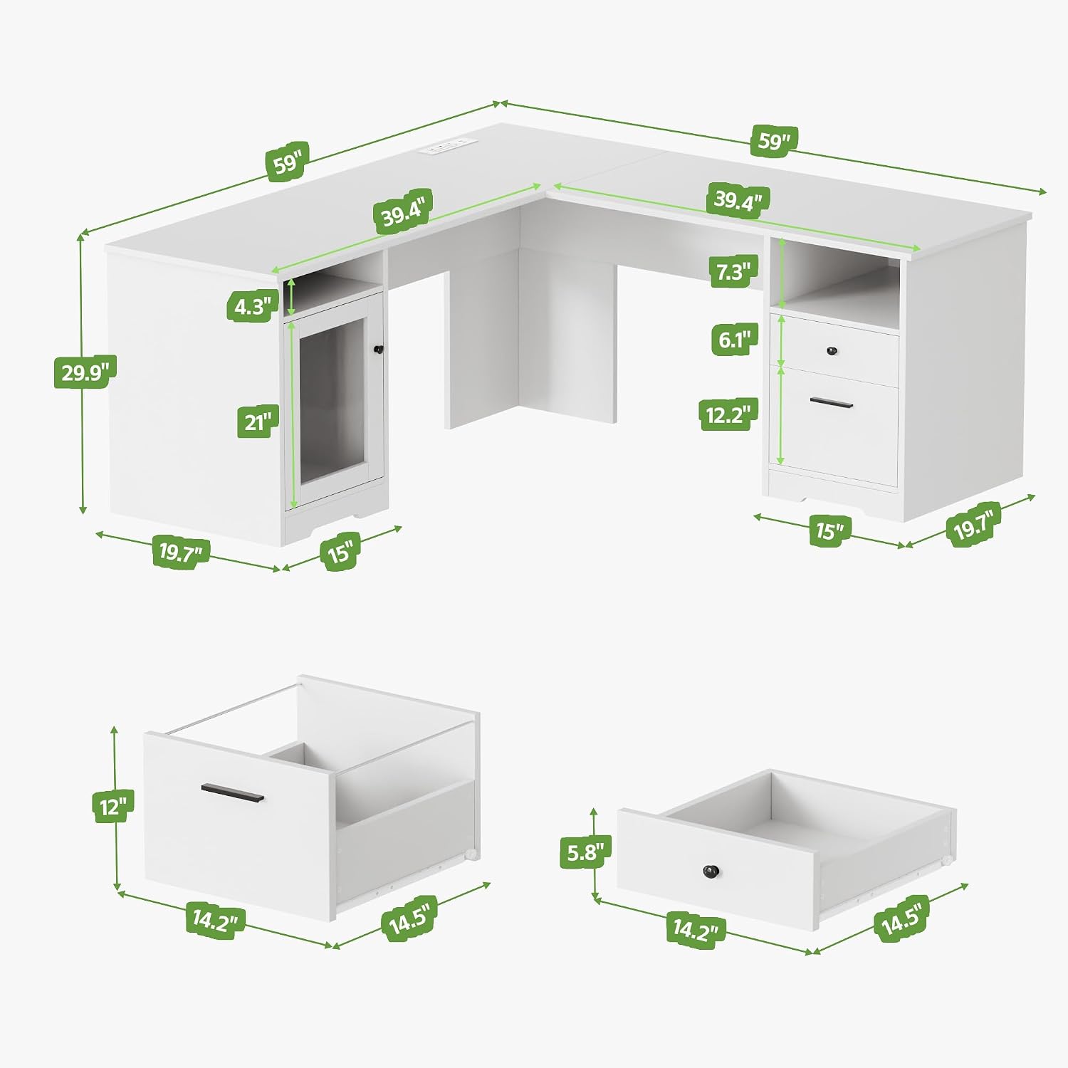 MU L Shaped Desk with File Drawer, 60 Inch Corner Desk with Storage Drawers & Cabinet, Large Home Office Table with Power Outlets, Wood Executive Office Desk, White