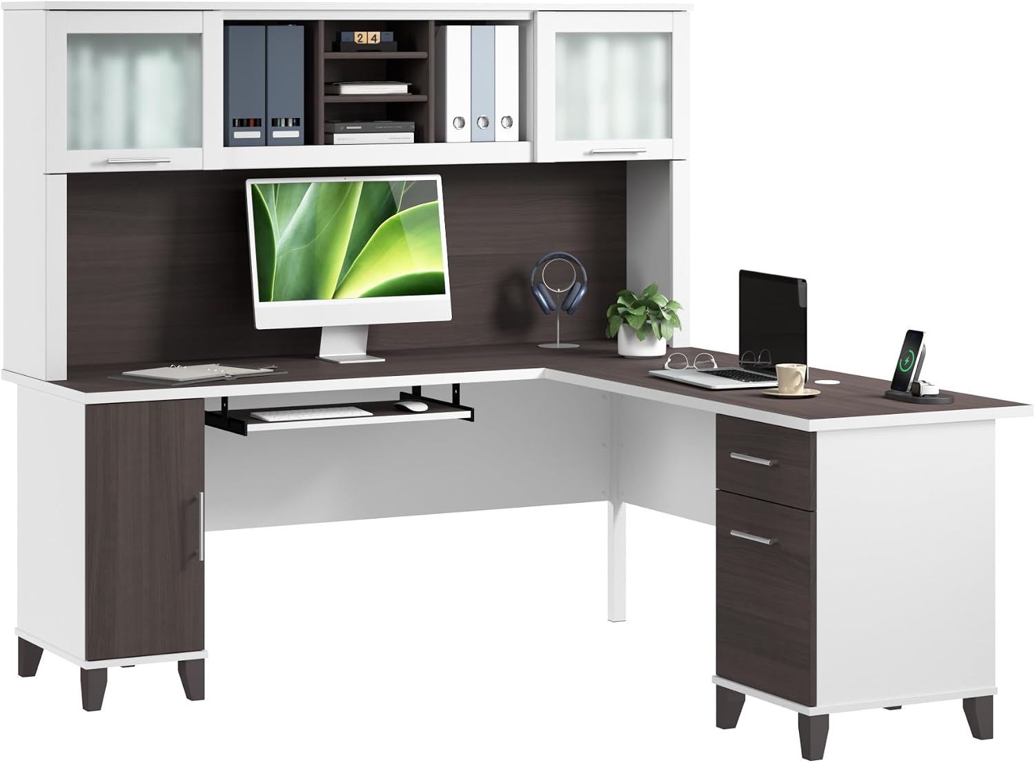 Bush Home 72-Inch L-Shaped Desk with Hutch, Corner Computer Office Desk with File and Box Drawers, Shelves and Storage Cabinet, Home Office Workstation, Somerset Collection, Storm Gray and White