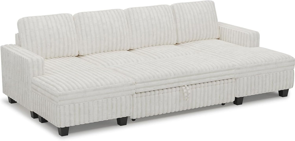 Belffin Modular Sectional Sleeper Sofa with Pull Out Couch Bed Corduroy Double Chaise with Storage Beige Couch