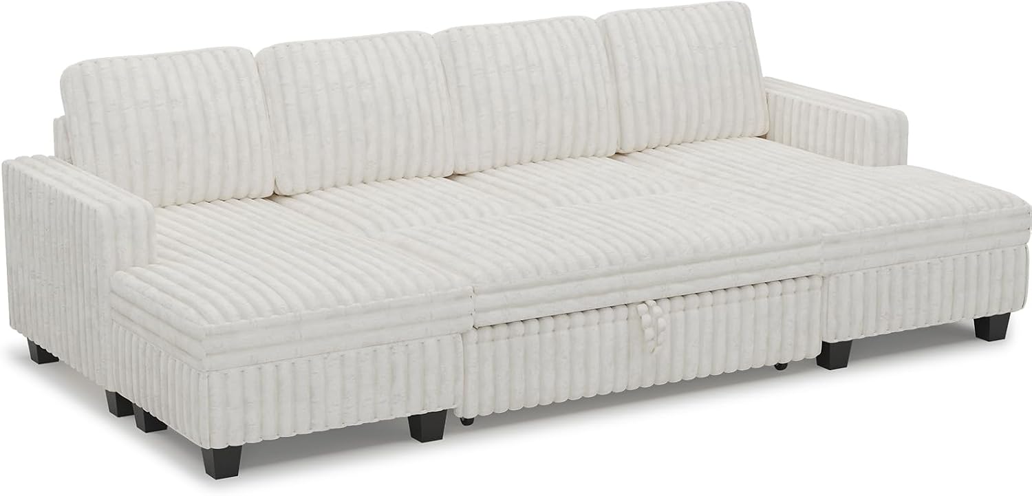 Belffin Modular Sectional Sleeper Sofa with Pull Out Couch Bed Corduroy Double Chaise with Storage Beige Couch