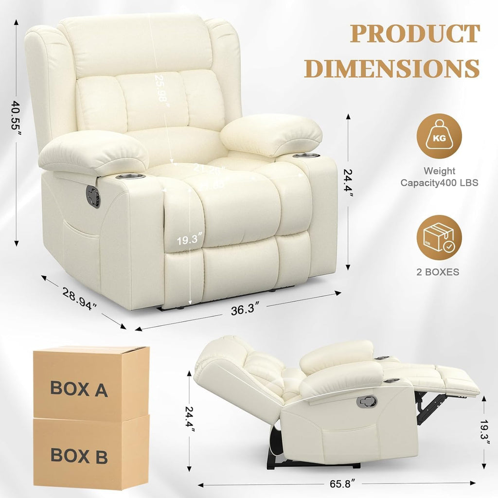 FURNIMAT Recliner Chair, Oversized Manual Reclining Chair for Adults, Single Reclining Sofa with Cup Holder & Pocket, Lounge Recliner for Living Room Home Theater Seating RV Chairs
