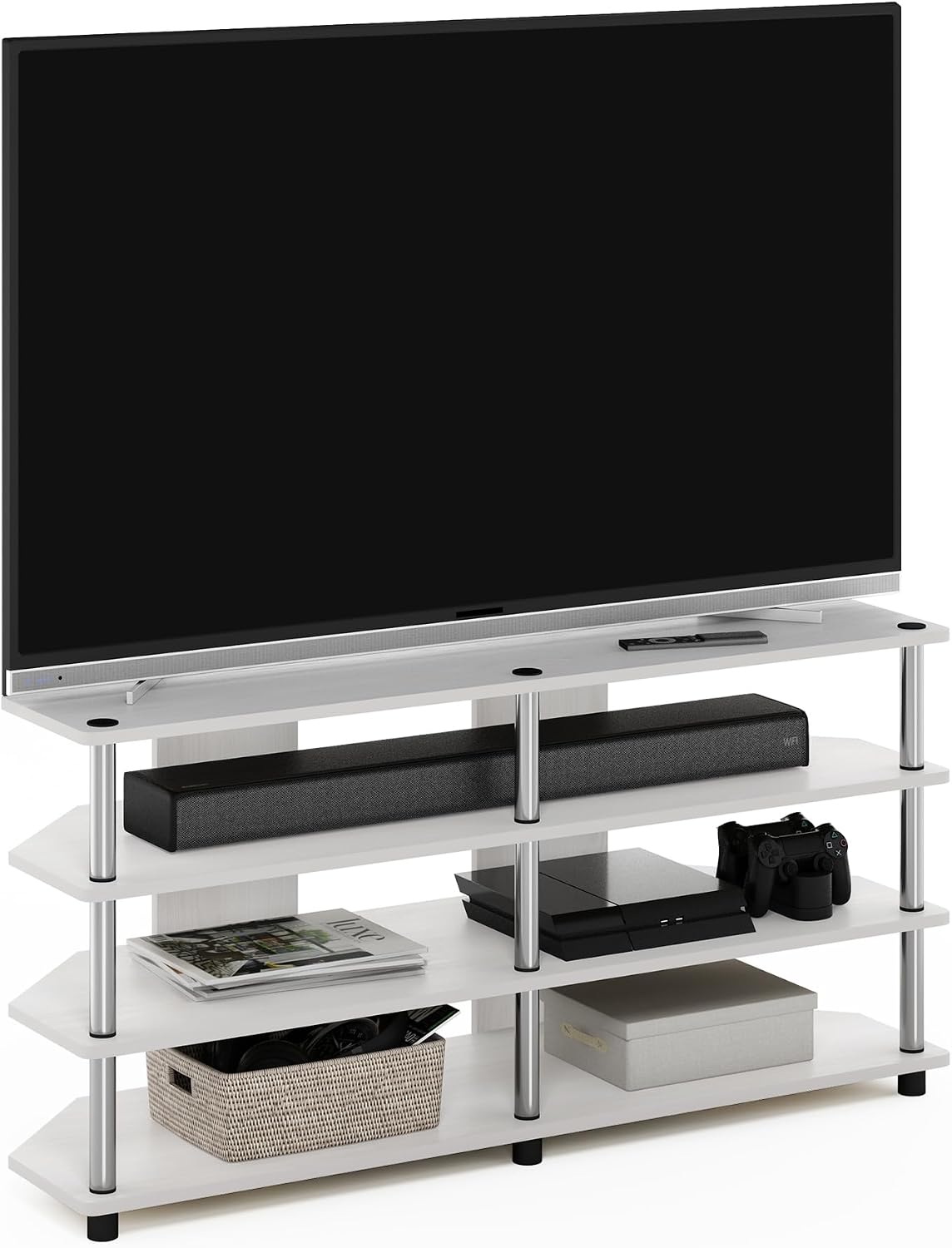 Furinno ECON TV Stand, 4-Tier Wide Corner Entertainment Center, TV Console for TV up to 55 Inch, Easy Assembly, for Living Room, Bedroom, White Oak/Stainless Steel Tubes