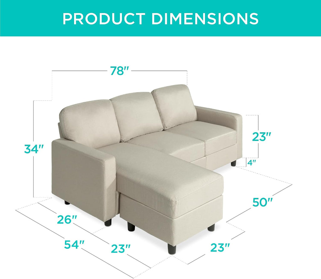 Best Choice Products Upholstered Sectional Sofa for Home, Apartment, Dorm, Bonus Room, Compact Spaces w/Chaise Lounge, 3-Seat, L-Shape Design, Reversible Ottoman Bench, 680lb Capacity - Beige