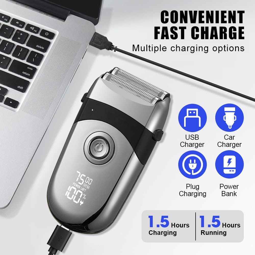 Electric Foil Shaver for Men: Portable Razor for Beard/Face - 3 Floating Blade LED Display Fast Rechargeable IPX7 Waterproof for Travel & Home Carbon