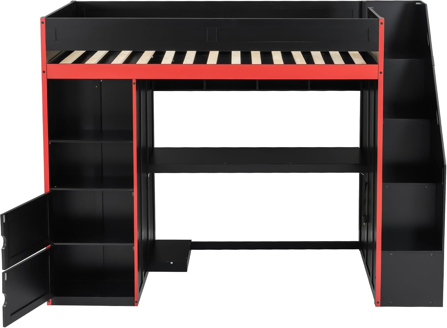 SOFTSEA Twin Size Gaming Loft Bed with Desk & Storage Stairs, Solid Wood Loft Bed with LED Lights, Wardrobe and Shelves, Space-Saving Gaming Bed for Kids Teens Adults, Black + Red