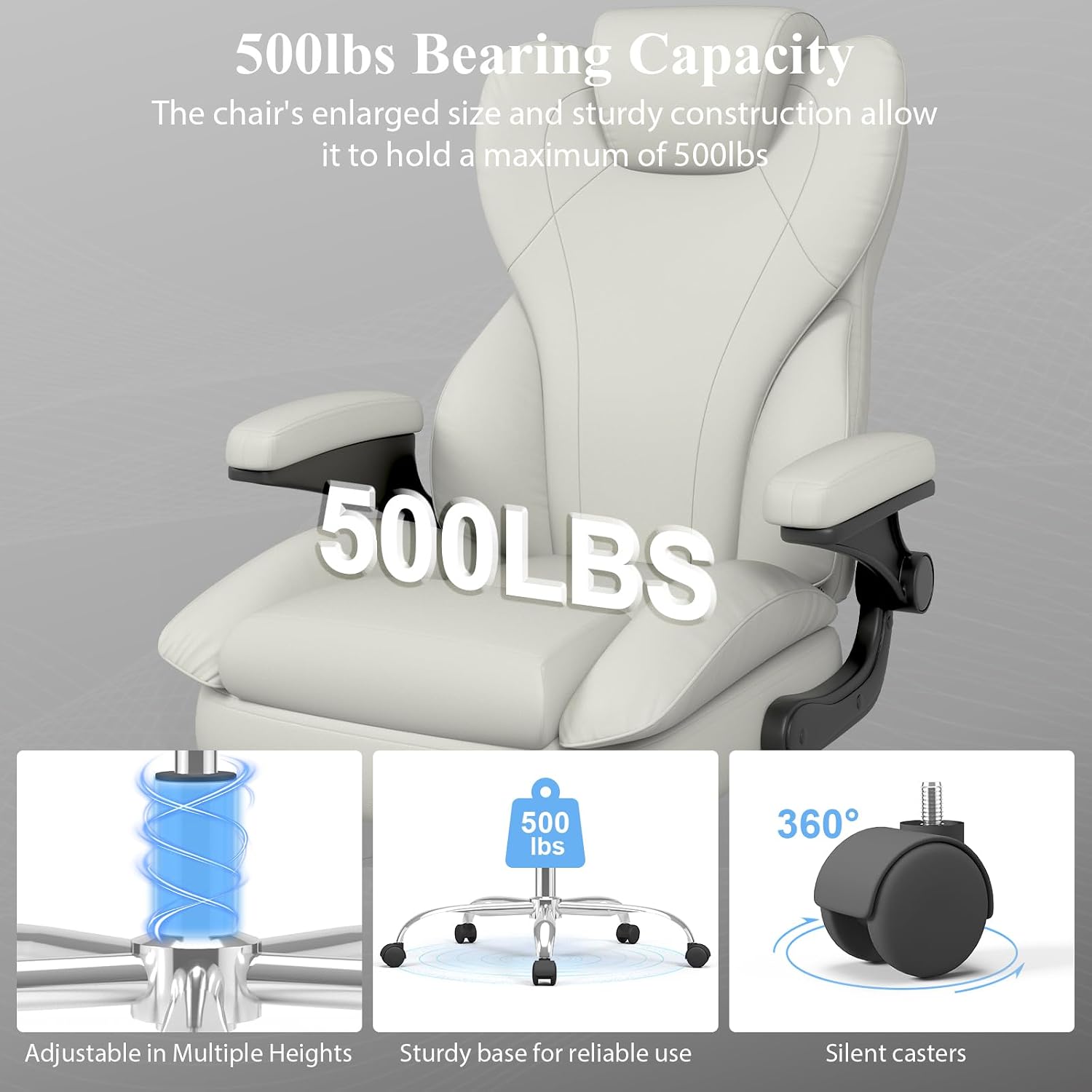 Office Desk Chair, Executive Leather Office Chair, High Back Ergonomic Home Desk Chair with Padded Flip-up Arms, Big and Tall Computer Chair with Rocking Function, 360°Swivel Free, White
