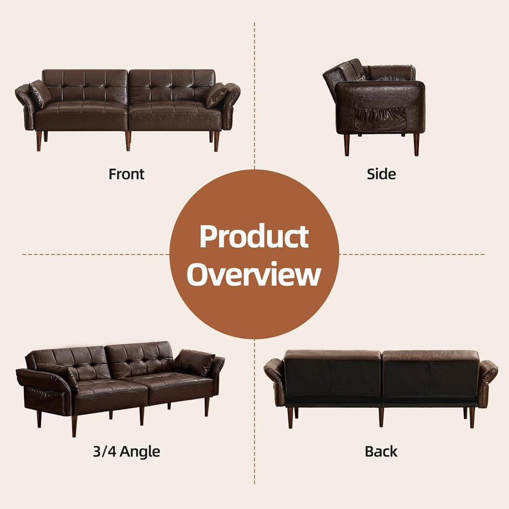 HALLYBEE 85' Futon Sofa Bed, Sleeper Sofa, Small Couch with Storage Adjustable Armrests Pillows, Faux Leather Loveseat, Mid Century Modern Couches for Living Room, Bedroom, Apartment, Coffee Brown