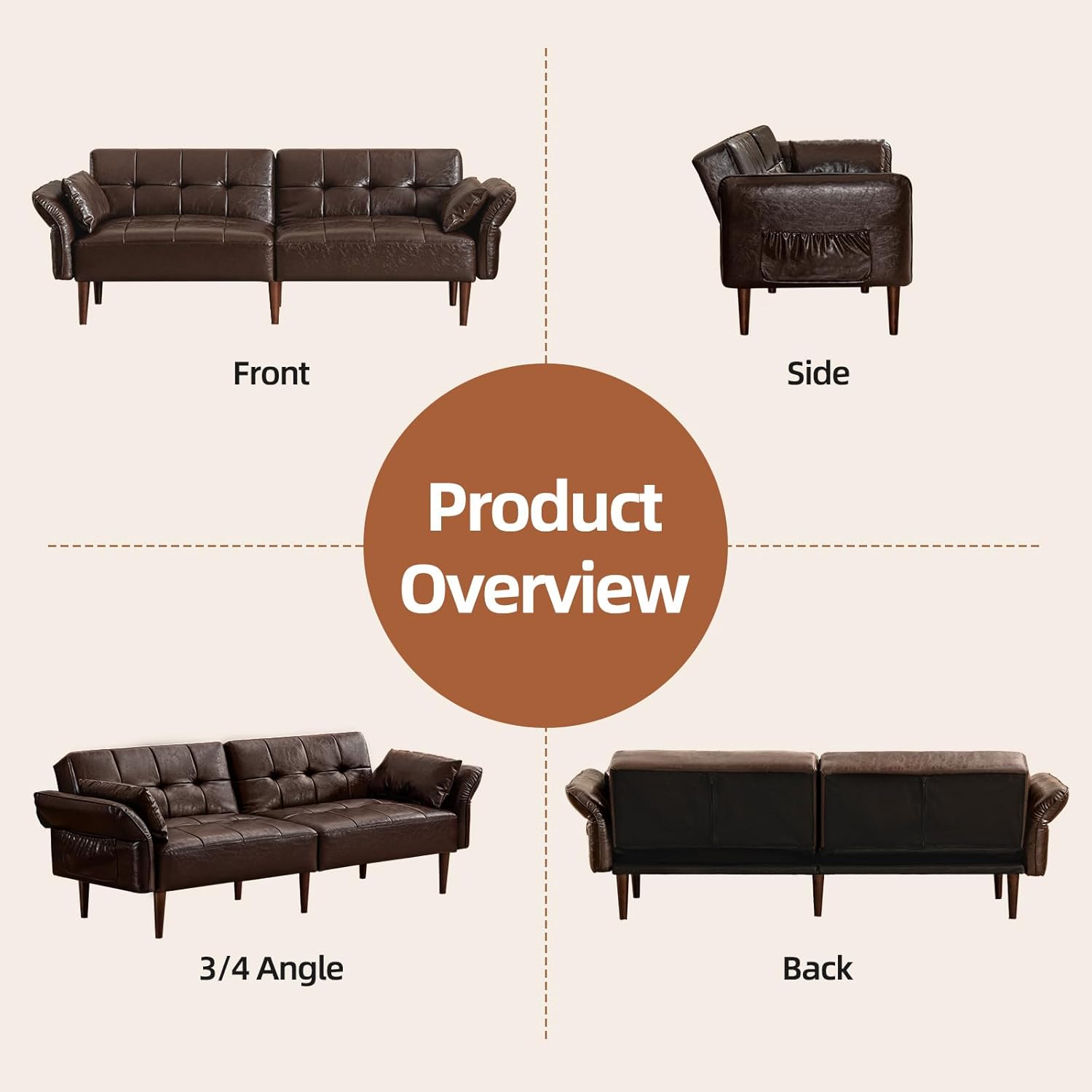 HALLYBEE 85' Futon Sofa Bed, Sleeper Sofa, Small Couch with Storage Adjustable Armrests Pillows, Faux Leather Loveseat, Mid Century Modern Couches for Living Room, Bedroom, Apartment, Coffee Brown