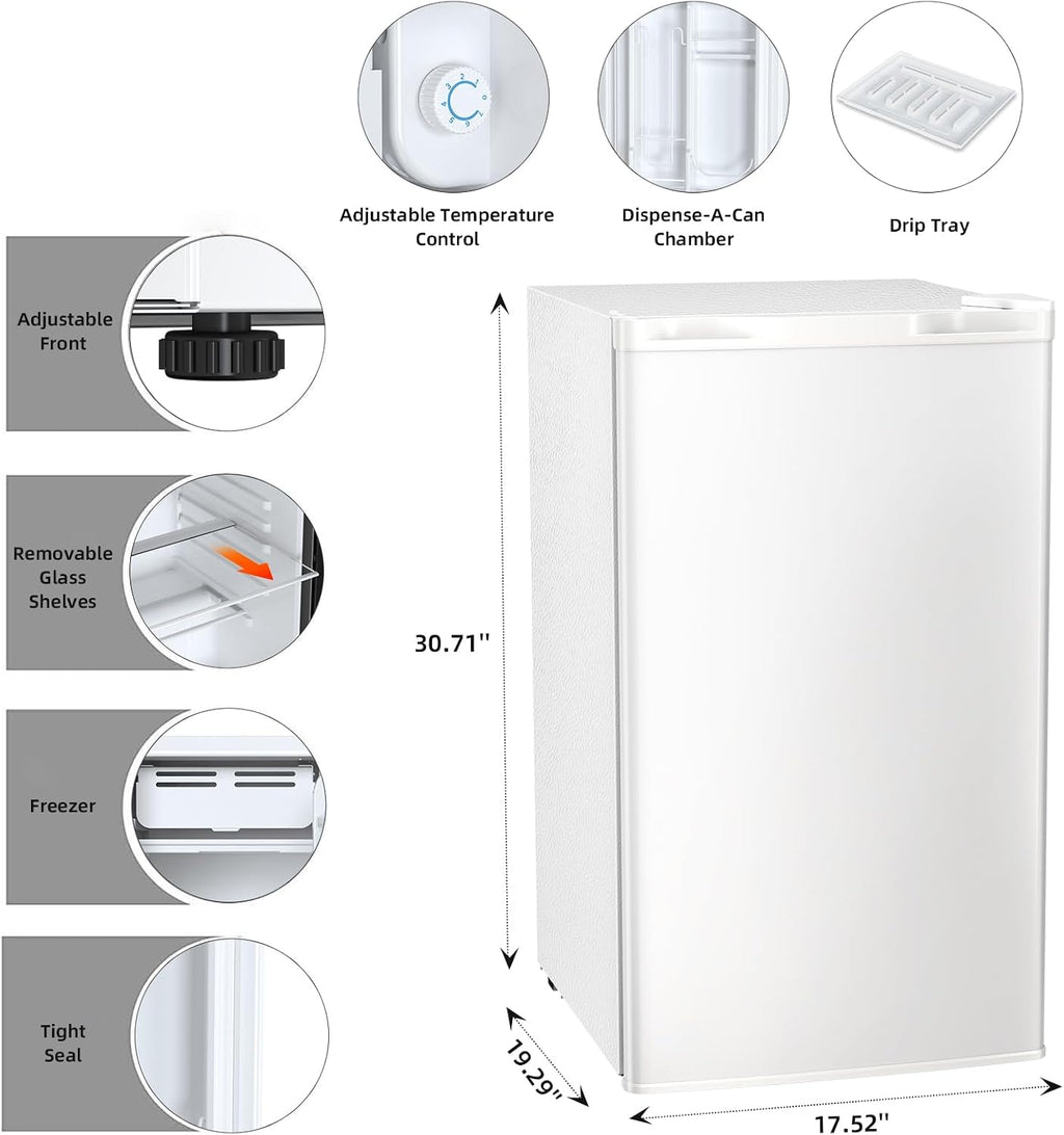 Antarctic Star Mini Compact Refrigerator with Freezer, 3.2 Cu.Ft. Single Door with Adjustable Thermostat,Removable Glass Shelves for Apartment/Dorm/Office,WHITE